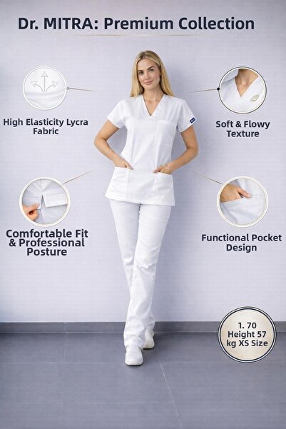 Dr. Mitra Uniformă albă material elastic pentru asistentă medicală, costum ch...