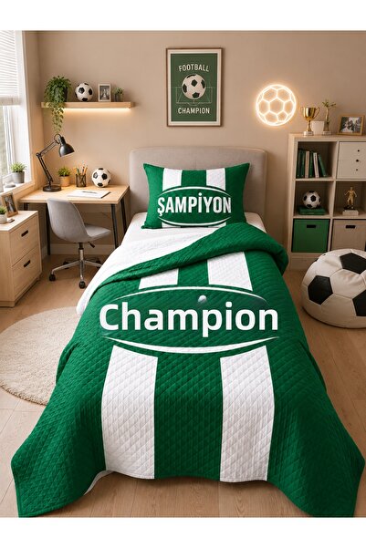 HOMESSA Green and White Champion Fan Children's Room Single Pique Bedspread