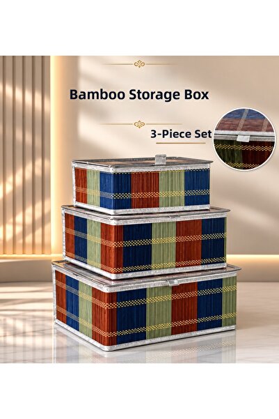 mafa home Set of 3 Plaid Patterned Storage Boxes with Bamboo Lids – Multi-Pur...