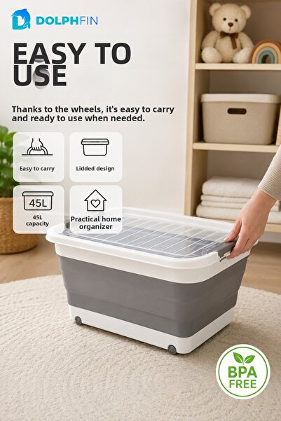 DolphFin 45 L Foldable Storage Box with Wheels and Lid Multi-Purpose Home Org...