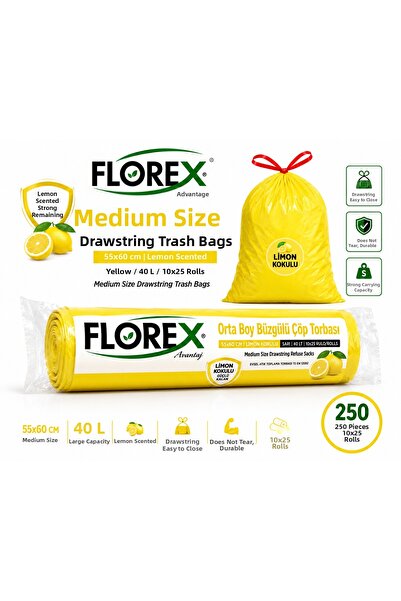 Florex Lemon Scented Drawstring Garbage Bag Medium Size 55X60 cm 40 Lt 10X25 ...