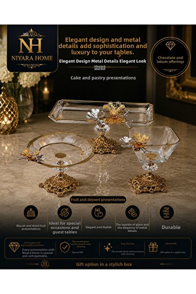 Niyara home 3-Piece Glass Presentation Set Elegant Design Metal Details Styli...