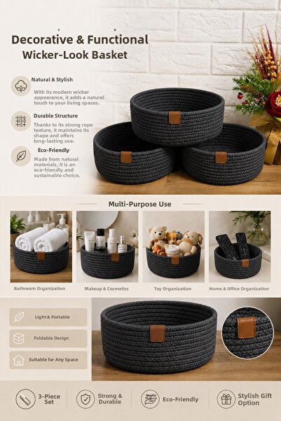 Livset Home 3-Piece Luxury Organizer Basket Living Room Kitchen Bathroom Bedr...
