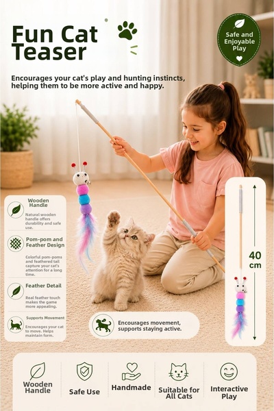 demapet 40 cm Wooden Handle, Cute Caterpillar Cat Fishing Rod with Bell