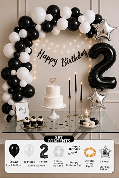 Baloncu Nene 2 Year Old Black and White Birthday Decoration Set with Number B...