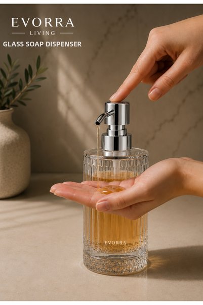 EVORRA LİVİNG Striped Glass Liquid Soap Dispenser 400 ml Glass Soap Dispenser with Silver Pump