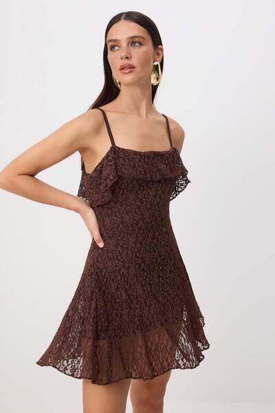 Συλλογή Trendyol Σκούρο καφέ ίσιο πλεκτό δαντελένιο κοντό/μίνι φόρεμα γάμου/ν...