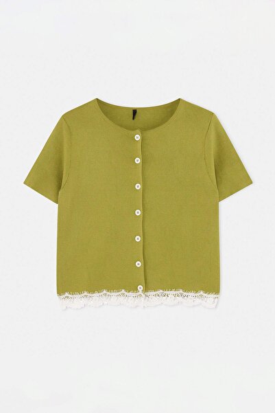 Trendyol Collection Oil Green Fitted Lace Trimmed Knitwear Cardigan Twoss26Hi...
