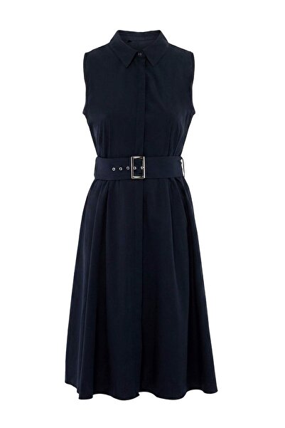 Trendyol Curve Navy Blue Plain Belt Detailed Woven Midi Shirt Dress