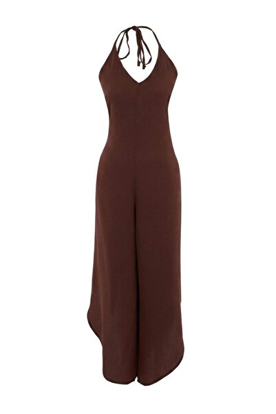 Trendyol Collection Brown Woven Maxi Backless Beach Jumpsuit Tbess26Tu00011