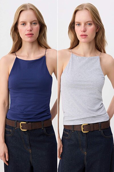 Trendyol Collection Navy Blue-Grey Melange 2-Pack Short Strap Body-Fitting St...