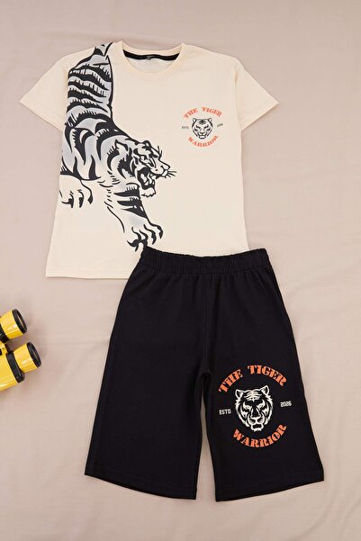 TRENDYOLKIDS طقم أسود محبوك من مطبوع قطع - طقم علوي وسفلي TKDSS26AU00107