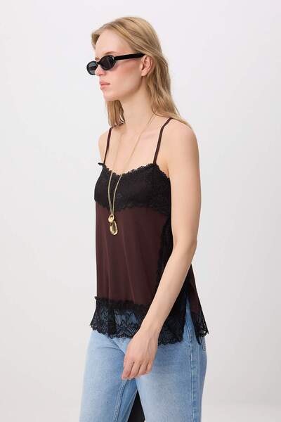 Trendyol Collection Brown Plain Regular Fit V-Neck Sleeveless Lace Detailed T...