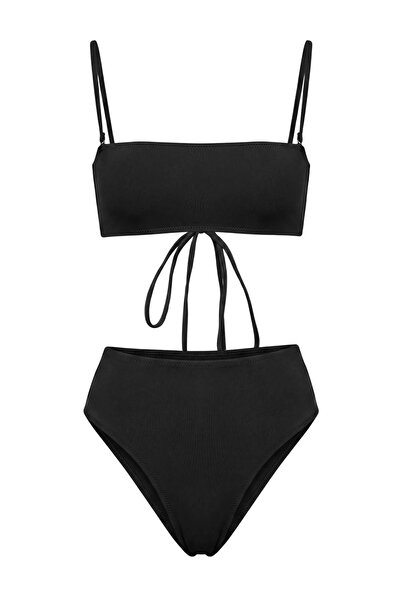 Trendyol Collection Black Strapless Covered High Leg High Waist Regular Bikin...