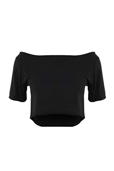 Trendyol Collection Black 100% Cotton Single Boat Neck Relaxed Knitted T-Shir...