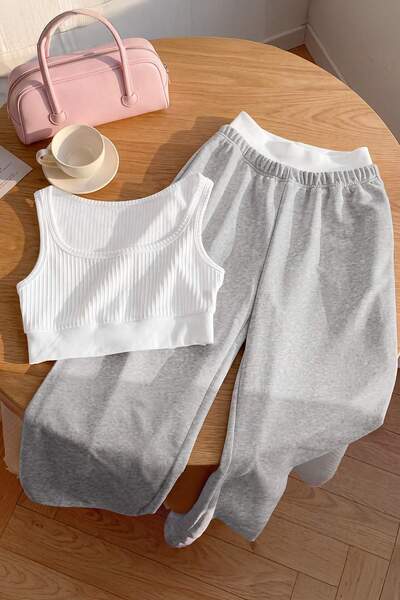 Trendyol Collection Gray Melange Plain Wide Leg Sleeveless Long 2 Thread Knit...
