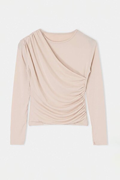 Trendyol Collection Stone Plain Fitted Crew Neck Standard Long Sleeve Sandy K...