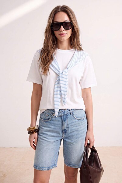 Trendyol Collection Ecru Oversize/Wide Fit Short Sleeve Tie Detail Long Soft ...