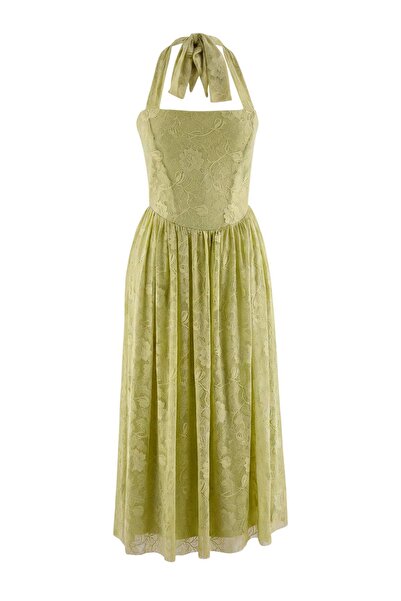 Trendyol Collection فستان كوكتيل للحفلات باللون الأخضر الباستيل مع أربطة من ا...