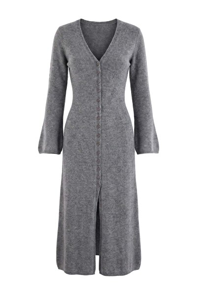 Trendyol Collection Gray Soft Textured V-Neck Cardigan/Dress Dual-Use Knitwea...