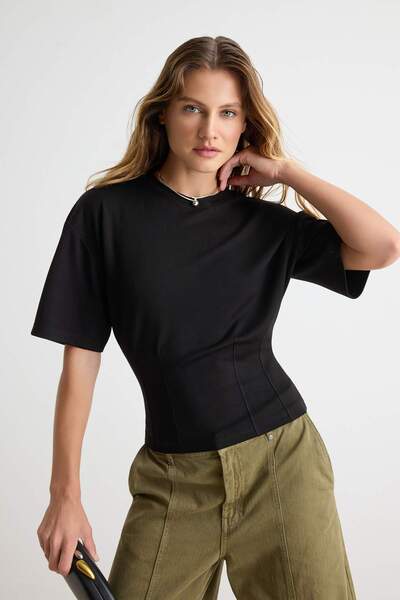 Trendyol Collection Black Soft Touch Fitted Crew Neck Low Sleeve Knitted T-Sh...