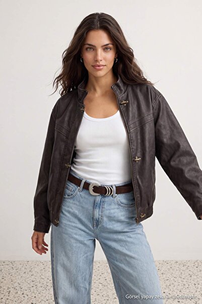 Trendyol Collection Brown Oversize Molded Washed Effect Faux Leather Jacket C...