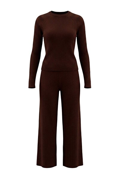 Trendyol Collection Brown Stone Basic Finger Detailed Knitwear Top and Bottom...