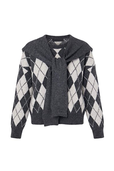 Trendyol Collection Anthracite Soft Textured Wide Fit Shawl Knitwear Sweater ...