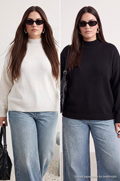 Trendyol Curve Black-Ecru Basic Double Pack Knitwear Sweater Tbbaw27An00019
