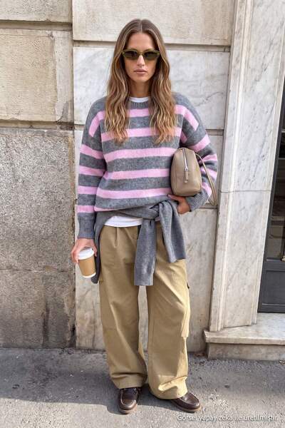 Trendyol Kollektion Anthrazitfarbener gestreifter Wardrobe Essentials Pullove...