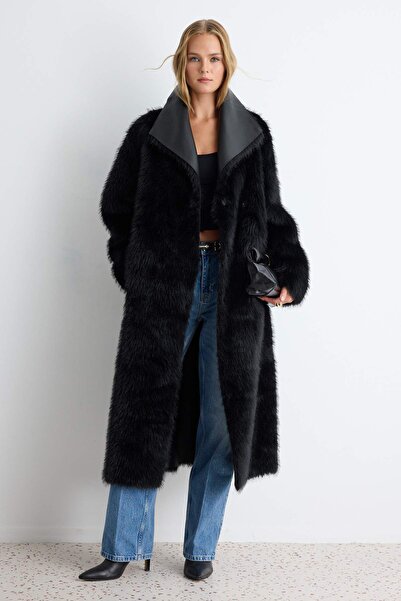 Trendyol Collection Black Faux Leather and Fur Inside Reversible Oversize Dou...