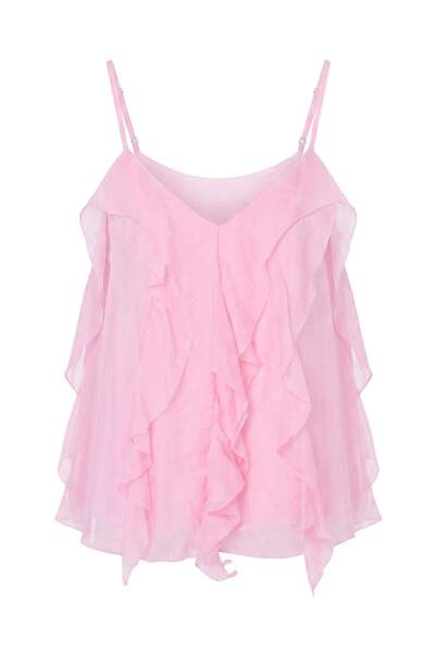 Drop by TrendyolMilla Pink V-Neck Adjustable Thin Strap Ruffle Woven Blouse T...