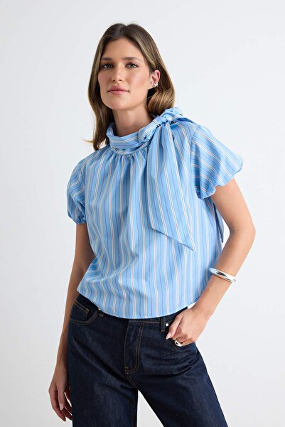 Trendyol Collection Blue Striped Woven Blouse with Tie Detail at the Collar T...