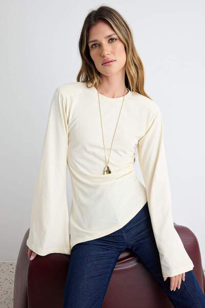 Trendyol Collection Stone 100% Cotton Waist-Fitted Asymmetrical Crew Neck Kni...