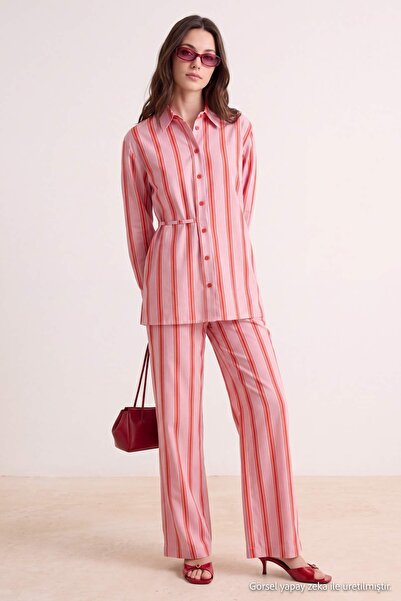 Trendyol Modest Rosa-rotes Popeline-Hemd mit Streifen und Hose – Oberteil-Set...