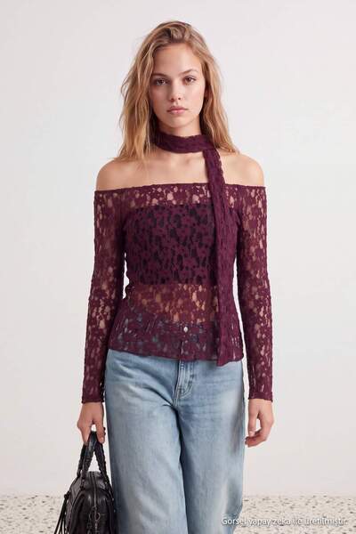 Trendyol Collection Plum Straight Fitted/Cut Carmen Collar Transparent Shawl ...