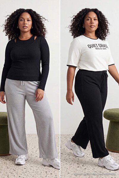 Trendyol Curve Black-Grey Flare/Spanish Leg High Waist Knitted Sweatpants Tbb...