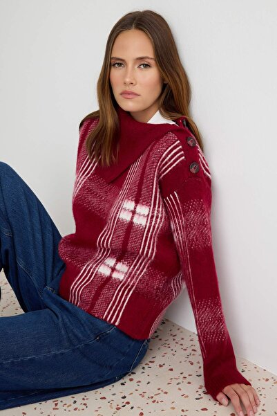 Trendyol Collection Burgundy Soft Textured Collar Detailed Soft Textured Knit...
