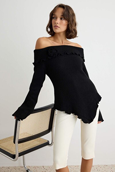 Trendyol Collection Black Rose Detailed Soft Textured Knitwear Sweater Twoaw2...
