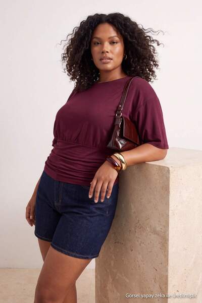 Trendyol Curve Plum Plain Boat Neck Knitted Plus Size Blouse Tbbss26Bf00059