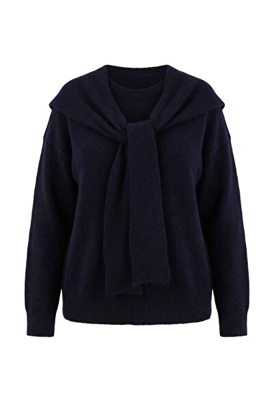 Trendyol Curve Marineblauer, weich strukturierter Schal-Strickpullover TBBAW2...