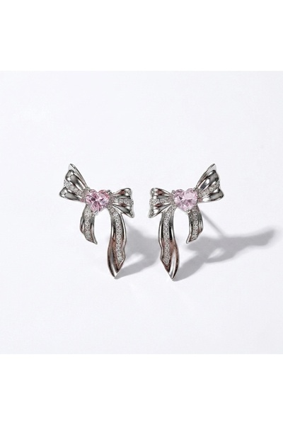h&b design jewel أقراط فضية صغيرة - أقراط على شكل فيونكة من الحجر الوردي