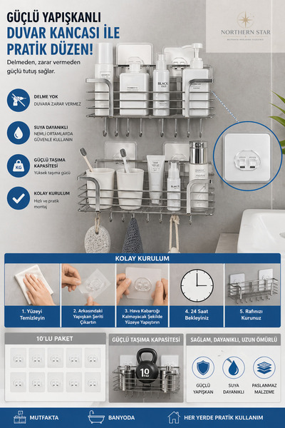 Northern Star 10 Adet Süper Güçlü Yapışkanlı Banyo Askısı Yedek Sticker Raf T...