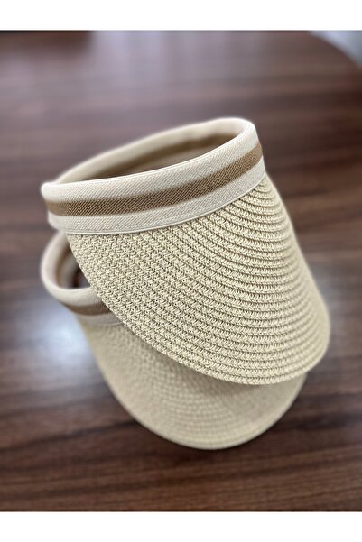 Butik Beige Sunscreen Imported Striped Straw Visor Hat Suitable for Hijab Crown Model Summer Hat
