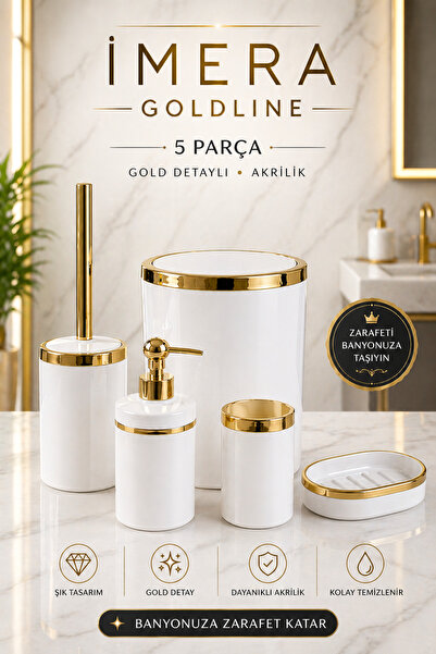 İmera Goldline 5 Parça Akrilik Banyo Seti Beyaz Gold – Çöp Kovası, WC Fırçası...