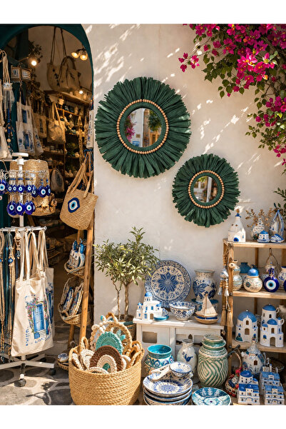 Home Bohem Handmade 2'li Set Ahşap Boncuklu Aynalı Doğal Yeşil Rafya Duvar Süsü