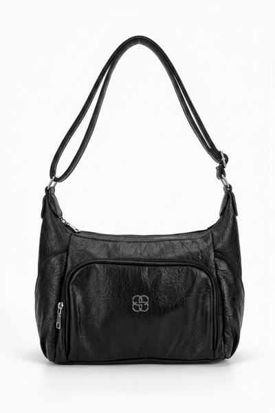 H&D COLLECTİON Μαύρη γυναικεία τσάντα αγγελιαφόρου από μαλακό δέρμα με πολλές...