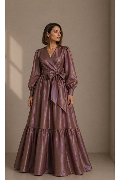 UNTIMELY Double Breasted Closure & Balloon Sleeves Lilac&Brown Reflection Sil...