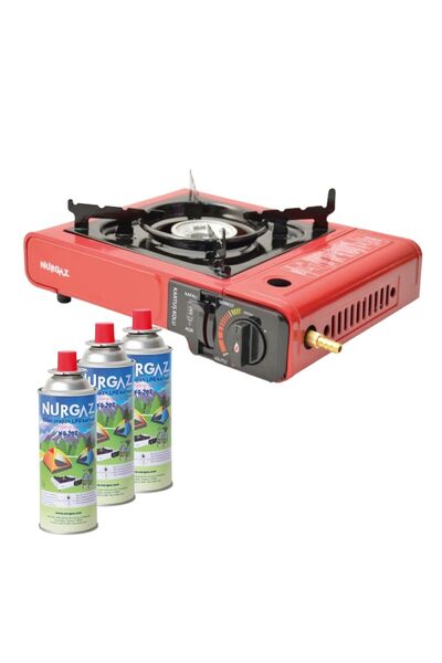 NURGAZ Tekli Portatif Ocak Tüp Kırmızı+3 Adet 220 Gr Kartuş Set