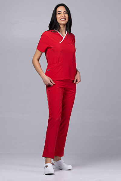 tag Costum medical pentru femei ONYX Premium, roșu cu garnitură albă